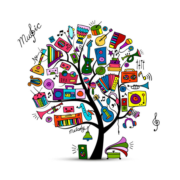 Music instruments tree, sketch for your design - Vector, Image