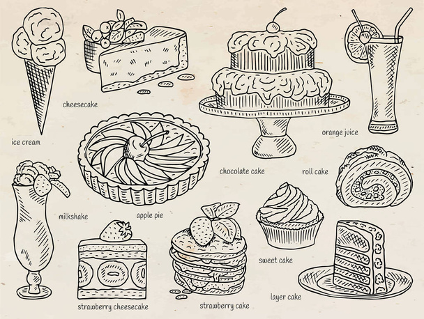 ijs, appeltaart, chocolade, laag, roll, aardbei taart, jus d'orange, cheesecake, milkshake, snoepjes, dessertkaart - Vector, afbeelding