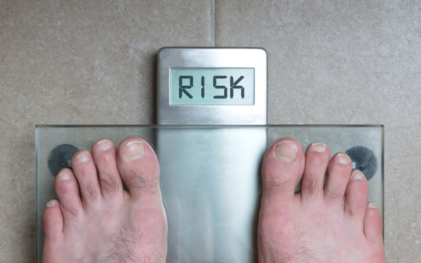 Man's feet on weight scale - Risk - Photo, Image