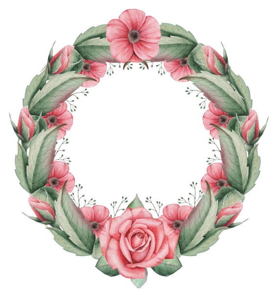 Hand painted watercolor wreath of Flowers and Leaves, isolated on white background - Фото, изображение