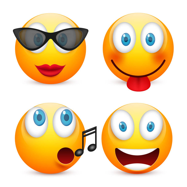 Smiley with blue eyes,emoticon set. Yellow face with emotions. Facial expression. 3d realistic emoji. Sad,happy,angry faces.Funny cartoon character.Mood.Vector illustration. - Vector, Image