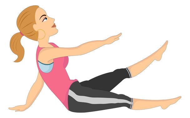 Exercício, mulher fazendo alongamento, ilustração
 - Vetor, Imagem