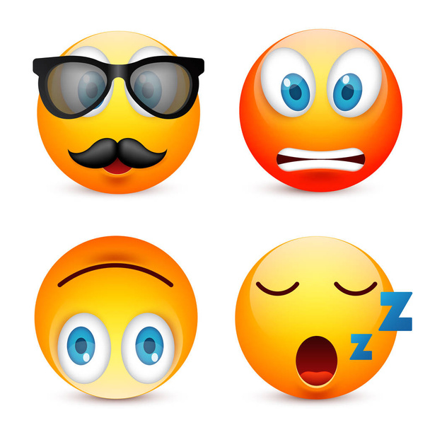 Smiley with blue eyes,emoticon set. Yellow face with emotions. Facial expression. 3d realistic emoji. Sad,happy,angry faces.Funny cartoon character.Mood.Vector illustration. - Vector, Image