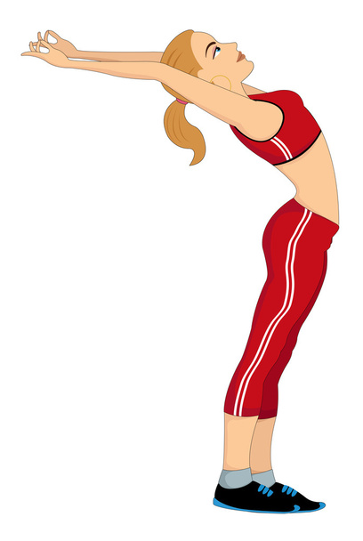 Exercício, mulher fazendo alongamento, ilustração
 - Vetor, Imagem