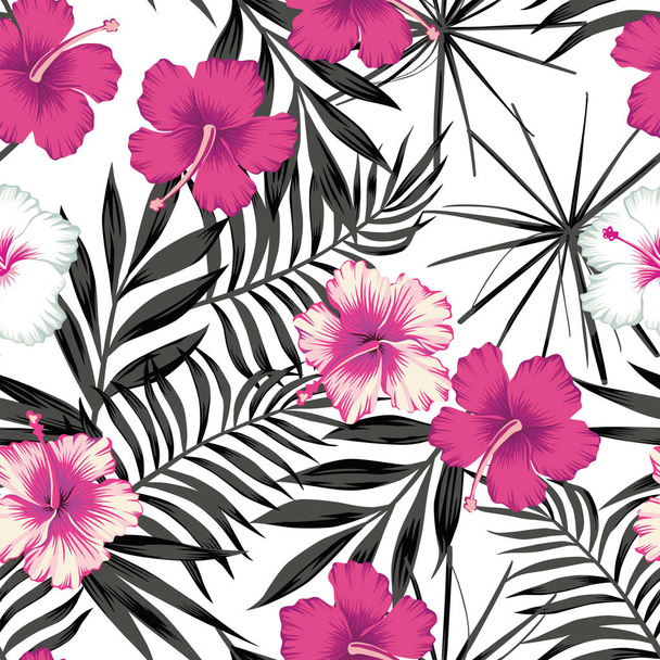 Pink hibiscus on the black leaves seamless background - Vektör, Görsel