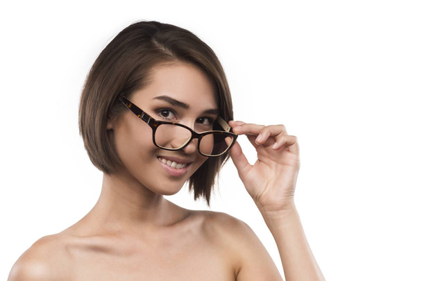 Eyewear glasses woman portrait isolated on white - Foto, Imagen