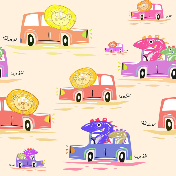 Cute car seamless pattern. Funny lions and dinosaurs drive cars - Διάνυσμα, εικόνα