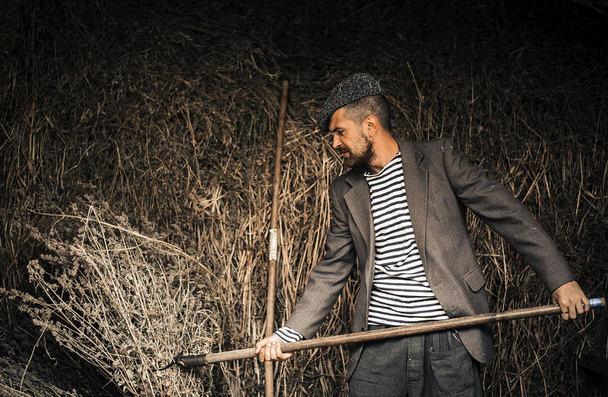 Um camponês alegre na velha roupa trabalha em um galpão onde há muito feno
 - Foto, Imagem