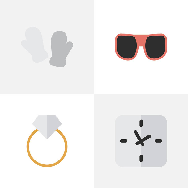 Vector Illustration Set Of Simple Equipment Icons. Elements Time, Engagement, Mitten And Other Synonyms Cloth, Glasses And Jewelry. - Vector, Image