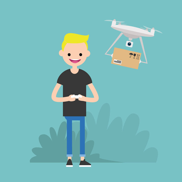 Drone delivery service. Young character controlling a drone with a remote controller - Vektor, kép