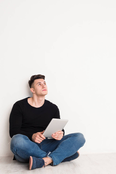 Pensive male student study online, using laptop - Fotoğraf, Görsel