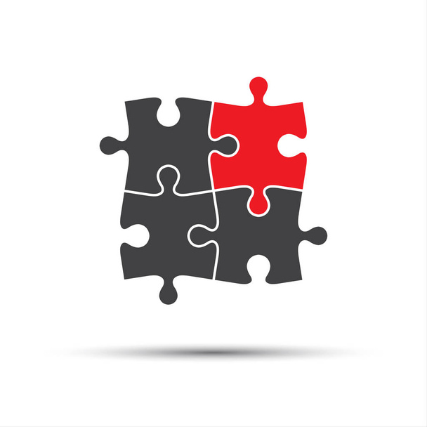 vier Puzzleteile, ein rotes und drei graues, abstraktes Symbolsymbol - Vektor, Bild