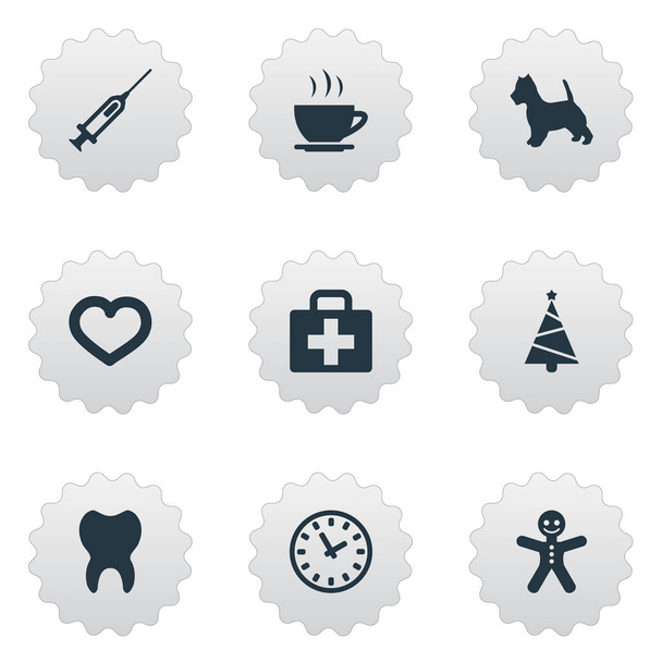 Vector illustratie Set van eenvoudige huishoudelijke iconen. Elementen-tijd, warme dranken, spuit en andere synoniemen hond, Cookie en injectie. - Vector, afbeelding