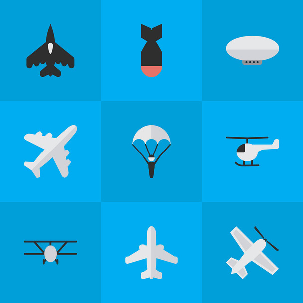 Vector Illustration Set of Simple Aircraft Icons (en inglés). Elementos Vehículo Volador, Avión, Avión y Otros Sinónimos Avión, Aviación y Cohete
. - Vector, Imagen