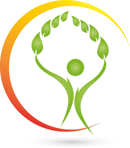 Pessoa e folhas, planta, bem-estar e logotipo naturopático
 - Vetor, Imagem
