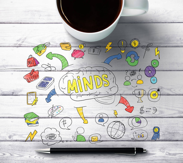 コーヒーのマグカップ、ペン、ビジネスのスケッチと木の板のオフィスのデスクトップの平面図です。成功のコンセプトです。3 d レンダリング  - 写真・画像