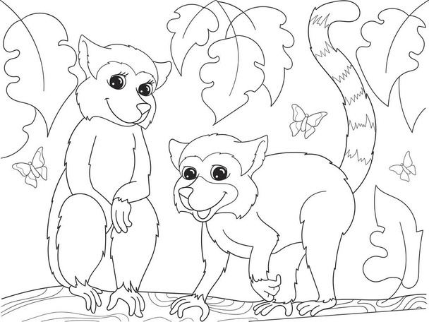 Libro da colorare per bambini cartoon famiglia di lemuri sulla natura
. - Vettoriali, immagini