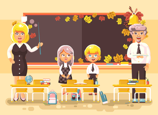 Vektoros illusztráció vissza a iskola cartoon karaktereket iskolás iskolás tanulók szakképzésben részt vevők tanárok ül a tanteremben tanul vágott a háttérben tábla lapos stílusú tankönyvek - Vektor, kép