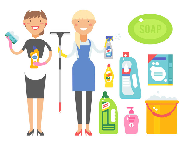 Limpiador mujer química tareas domésticas producto cuidado lavado equipo limpieza líquido plana vector ilustración
. - Vector, imagen
