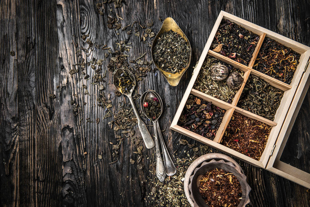 variety of teas, mixes in copper dish, topview - Photo, image