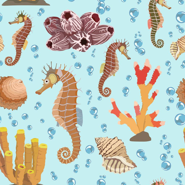 Бесшовный рисунок с раковинами морских коньков, кораллами. Векторная иллюстрация
. - Вектор,изображение