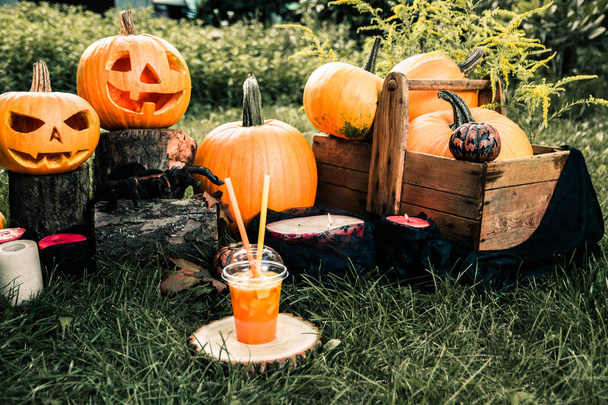 Halloween-Cocktail mit Kürbisdekoration auf Hintergrund. Punsch für eine Party. Buchstabenlaterne. getöntes Foto. - Foto, Bild