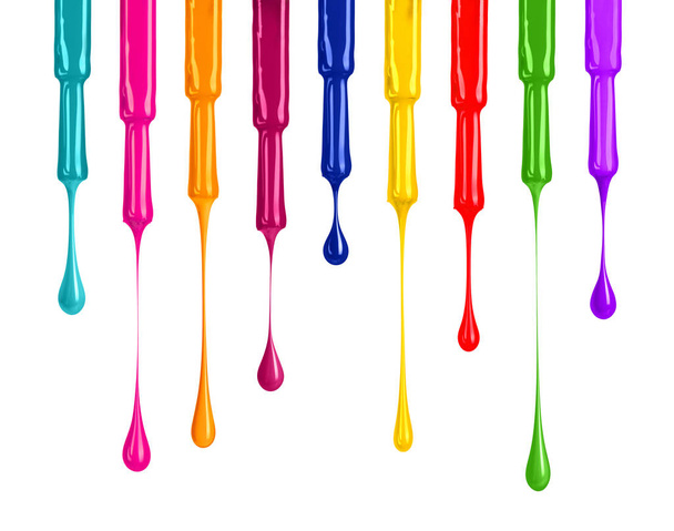 Palette of colored nail polishes with falling drops down - Fotó, kép