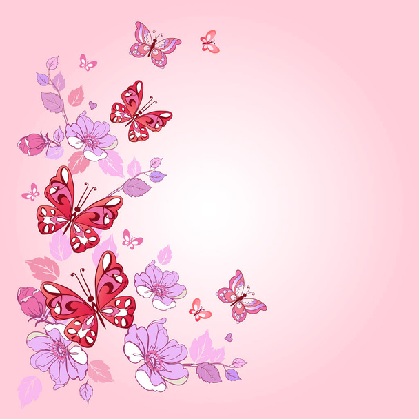 Template for greeting card with flowers and butterflies - Vector, afbeelding