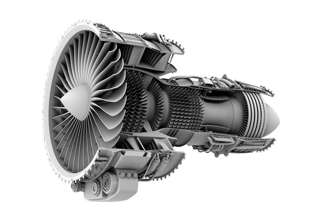 3D clay cutaway render of turbofan jet engine isolated on white background - Photo, Image