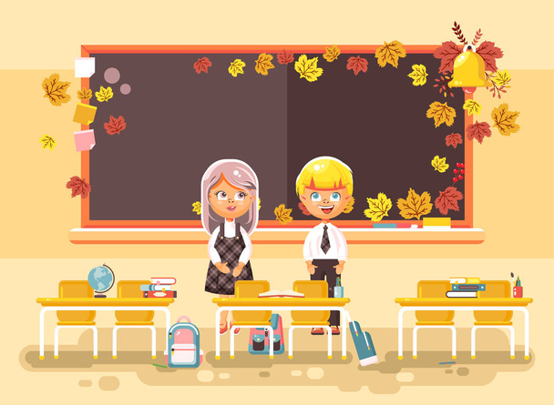 Vector illustration back to school cartoon two characters schoolboy and schoolgirl standing alone in empty classroom at staple with textbooks pupils near blackboard flat style autumn background - Vector, Image