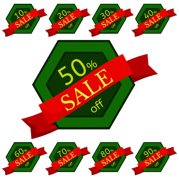 Set korting stickers. Groene zeshoekige badges met rood lint voor verkoop 10-90 procent korting.  - Vector, afbeelding