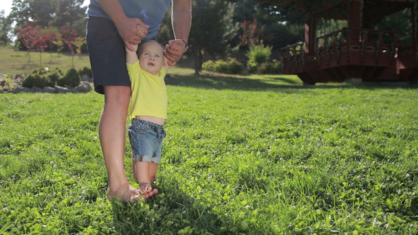 Père attentionné enseignant bébé garçon à marcher sur l'herbe
 - Séquence, vidéo