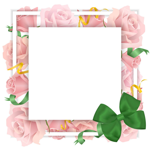 Square frame with roses and bow. Vector template for congratulations and invitations - Vektor, obrázek