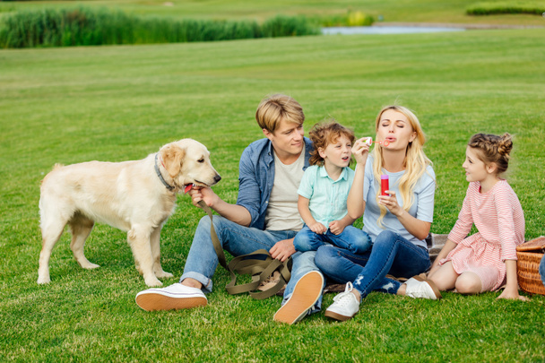 family with dog resting on grass  - Φωτογραφία, εικόνα