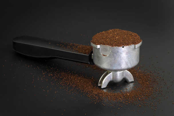 Espresso filter holder for coffee machine  on Black background with copy space - Photo, Image
