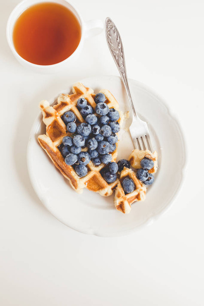 waffle with blueberries and tea - Photo, Image