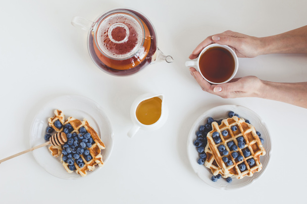 breakfast of waffles and tea - Photo, Image