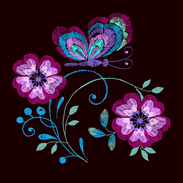 Embroidery colorful floral pattern with roses and butterfly. Vector traditional folk floral design on black background. - Vektor, obrázek