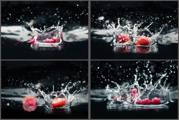 frambozen en aardbeien vallen in water - Foto, afbeelding