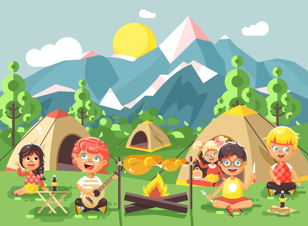 Vektori kuvitus sarjakuvahahmoja lapset poika laulaa kitaraa tyttö partiolaiset, retkeily luonto, vaellus teltat ja reput, seikkailu puisto ulkona taustalla vuoret tasainen tyyli
 - Vektori, kuva