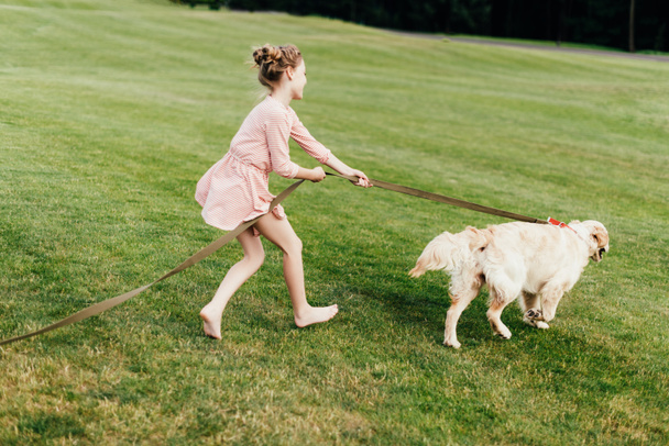 fille avec chien marche dans le parc
 - Photo, image