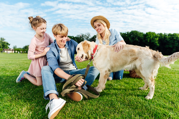 Bonne famille avec chien au parc
 - Photo, image