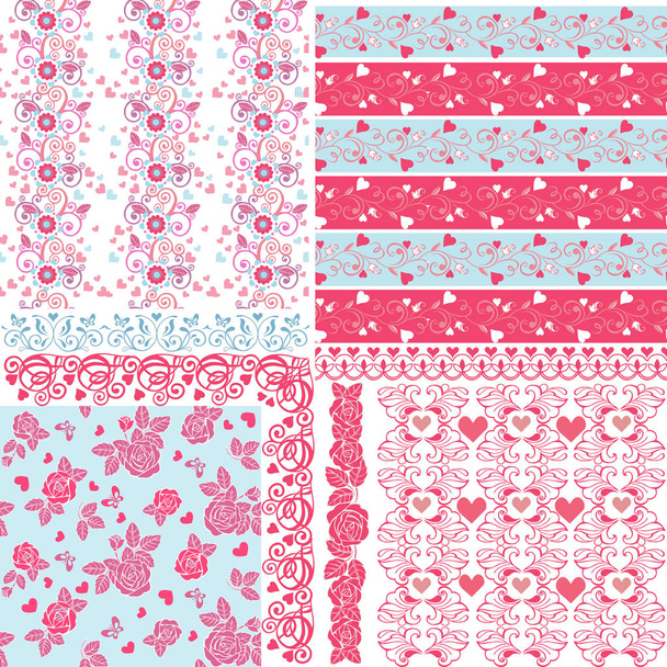 Set of seamless ornaments with hearts and frames.Endless texture with hearts in pink, blue and white. For invitations, scrapbooking, cards, posters. - Вектор, зображення