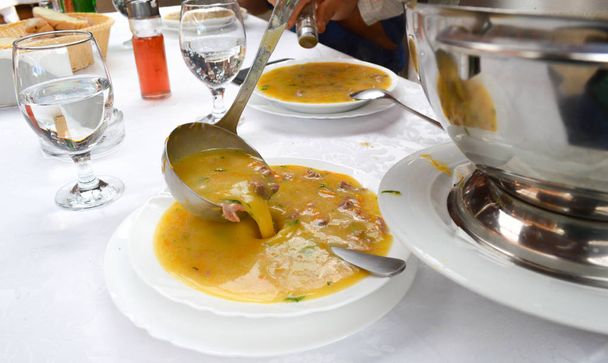 Un plato de sopa de ternera con especias y verduras. Chorba, Sopa macedonia tradicional
 - Foto, Imagen