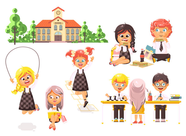 Vector illustration isolated children characters schoolboy schoolgirl pupils apprentices classmates play chess dinner lunch, read book jumping rope school building white background in flat style - Vector, Image