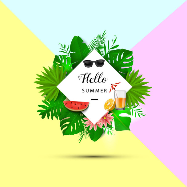 Hello summer. Tropical leaves. Vector illustration. Summer banner with 3d hawaiian leaves, sunglasses, watermelon slice and orange juice on yellow, pink and blue - Vector, afbeelding