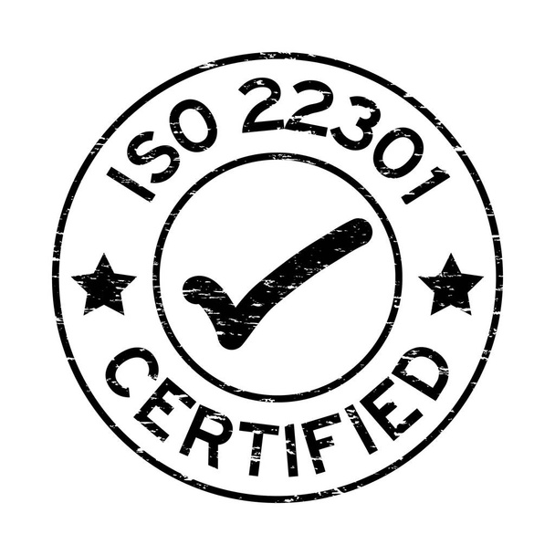 Nieczysty czarny Iso 22301 certyfikat pieczątka okrągła pieczęć na białym tle - Wektor, obraz