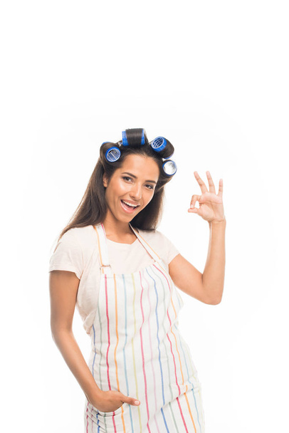 housewife with curlers showing ok sign - Photo, Image