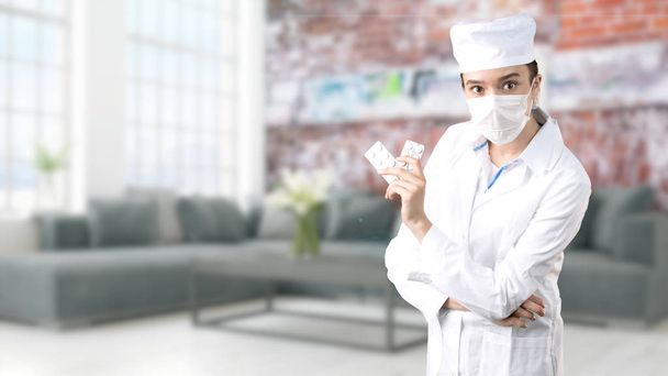 Beautiful medical woman doctor in uniform. Studio painted background. Concept of profitable health care. - Zdjęcie, obraz