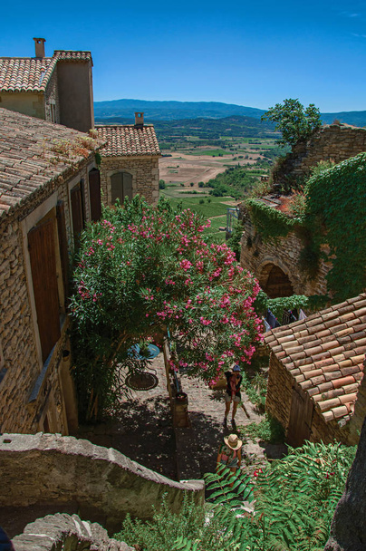 Vista panorâmica dos campos e colinas da Provença, casas de pedra e árvores floridas em Gordes
. - Foto, Imagem